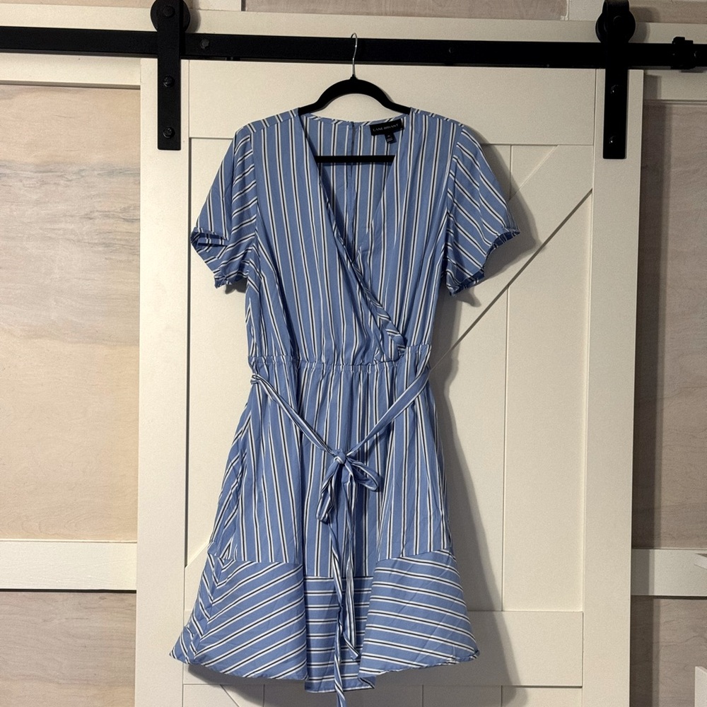 Blue and white striped v neck dress